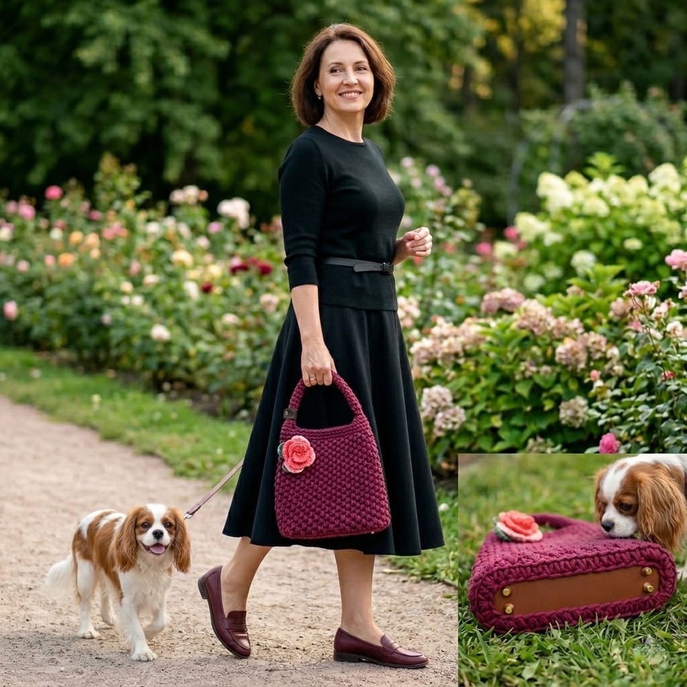 🌸Handmade Crocheted Rose Accent Tote — Burgundy - Picture 9 of 9